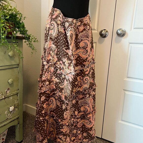 Anthropologie Tapemeasure 100%Linen Brown Pink Floral Paisley Ruffle Maxi Skirt - Picture 7 of 15